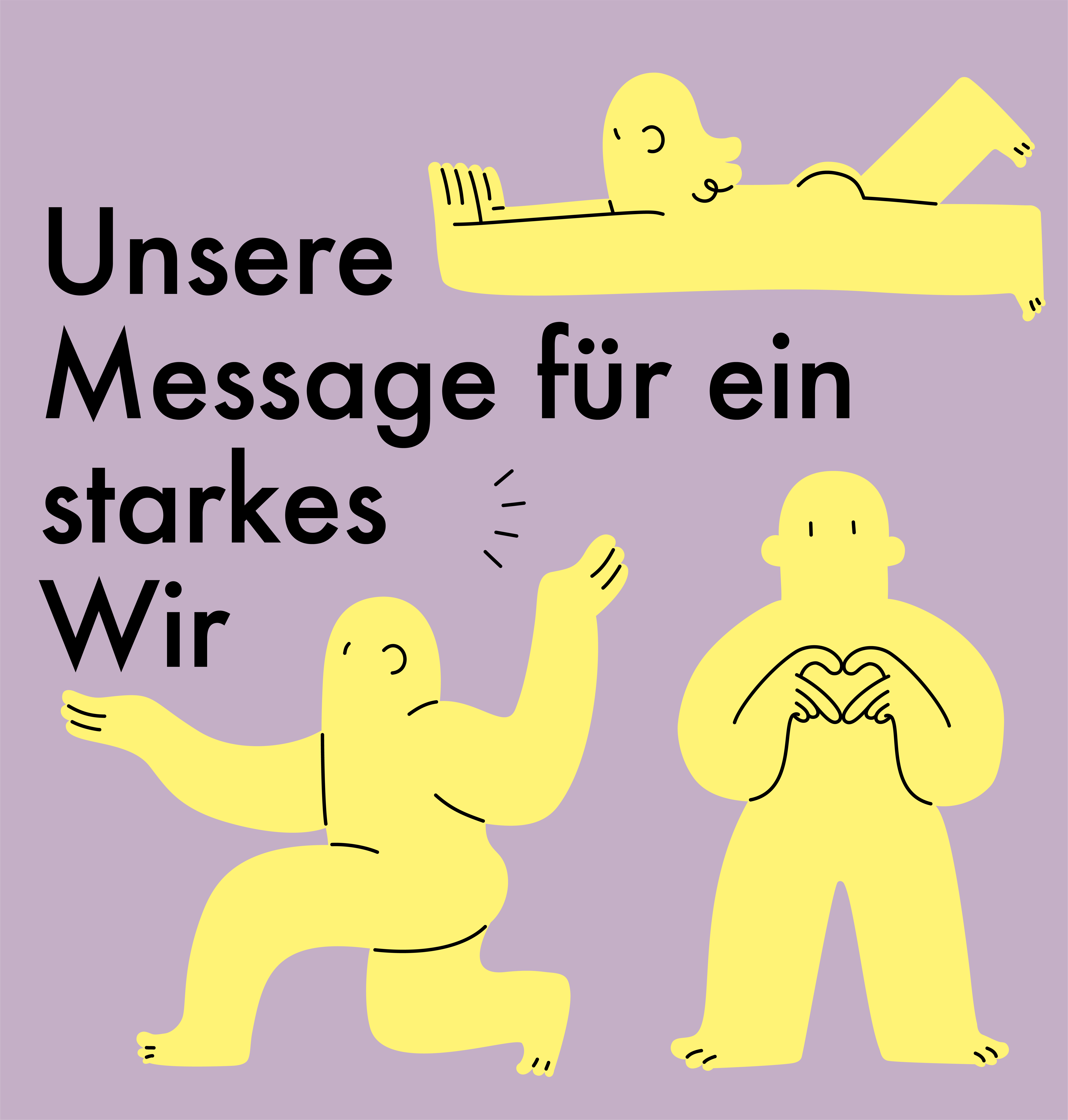 Drei gelbe Figuren, eine formt ein Herz mit den Händen
